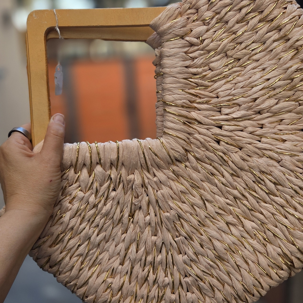 Dusty Mauve/Gold Woven Bag with Square Wooden Handle